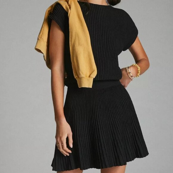 Anthropologie Dresses & Skirts - Anthropologie Maeve Ruth Mini Black Ribbed Knit Sweater Dress Women’s X-Large XL